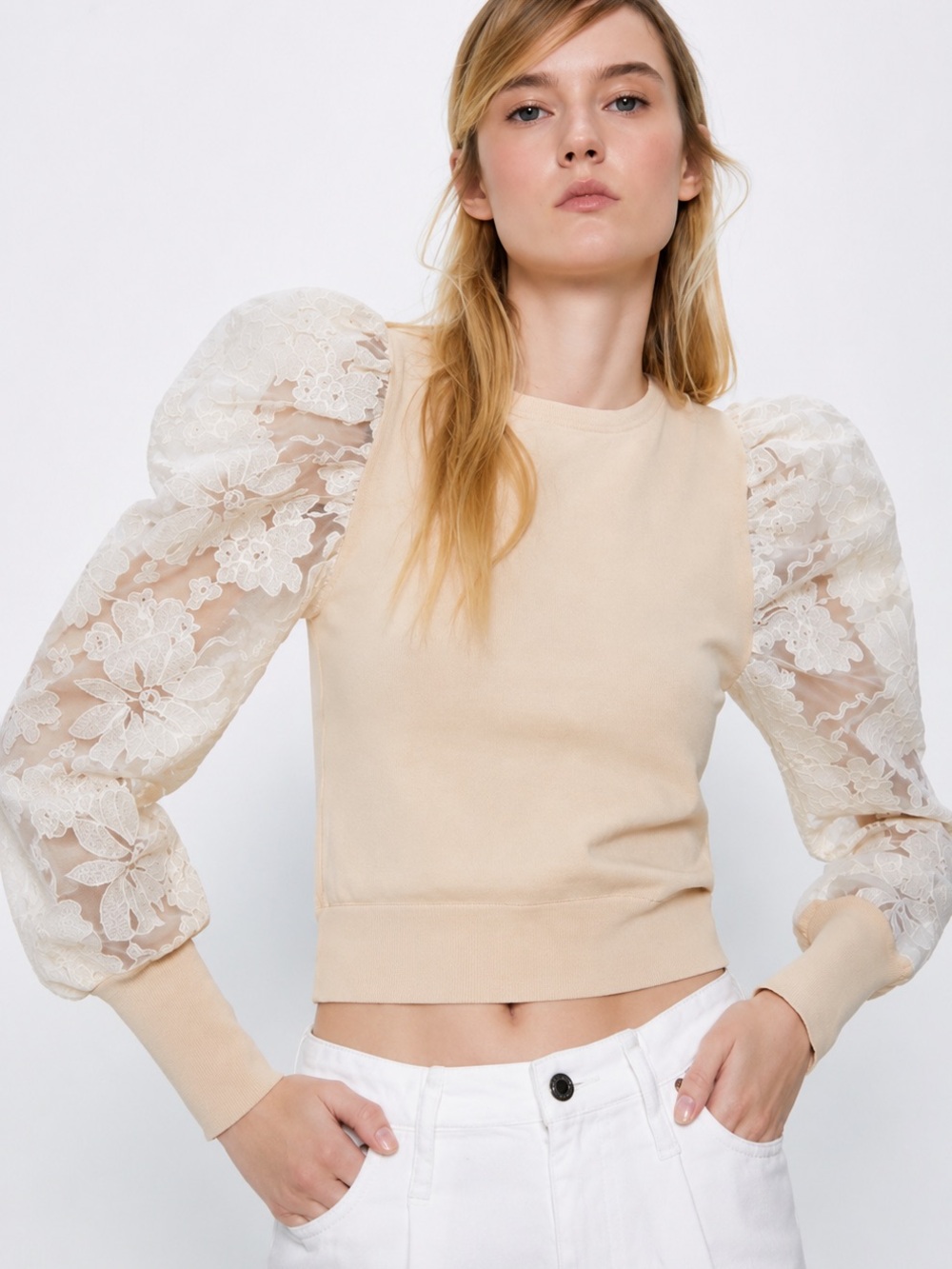 ZARA Cream Lace Puff Sleeve Knit Top